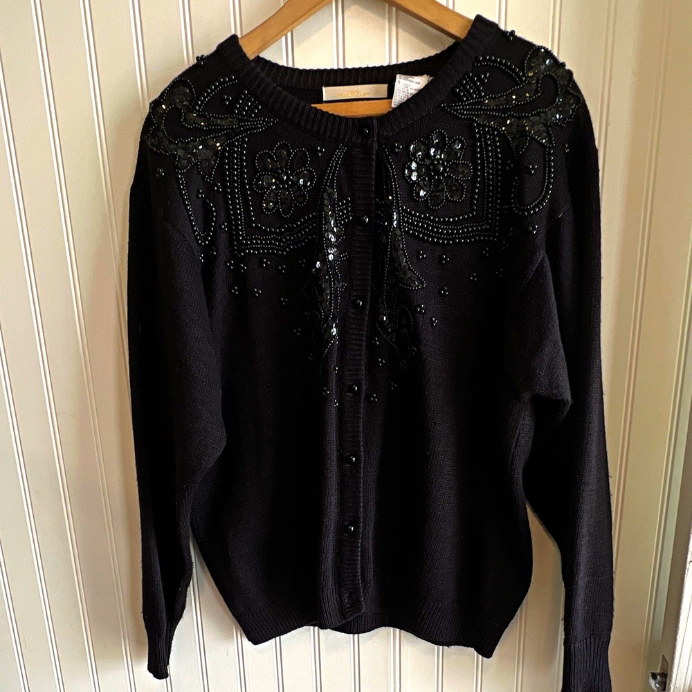 Dana Scott Black Floral Knit Beaded Sequin Button Cardigan Sweater Women L